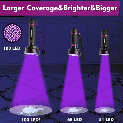 مصباح يدوي EverBrite للأشعة فوق البنفسجية، 51 مصباح LED أسود، مصباح يدوي أسود 395 نانومتر للكشف عن بول الحيوانات الأليفة، السجاد، العقارب وحشرات السرير، البطاريات متضمنة in Kuwait