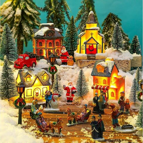 Wettarn 26 Pcs LED Christmas Villages Sets Christmas Figurines Decoration Lighted LED Christmas Village Houses Building Xmas Village Collectible Buildings Home Decoration Xmas Gifts Indoor Room Decor in Saudi Arabia