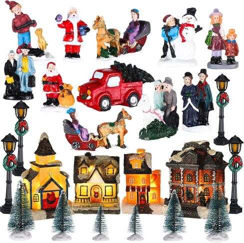 Wettarn 26 Pcs LED Christmas Villages Sets Christmas Figurines Decoration Lighted LED Christmas Village Houses Building Xmas Village Collectible Buildings Home Decoration Xmas Gifts Indoor Room Decor in Saudi Arabia
