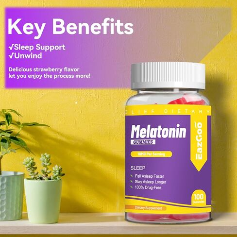 EAZGOO علكات الميلاتونين 10 ملغ، مكمل غذائي الميلاتونين 100 علكة بنكهة الفراولة، كمية تكفي 50 يومًا in Kuwait