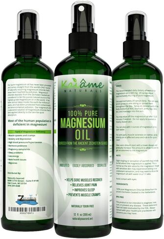 Kaiame Naturals Magnesium Oil Spray, Large 12 oz, Undiluted, Pure and Organic, Sourced from Ancient Zechstein Seabed in Saudi Arabia
