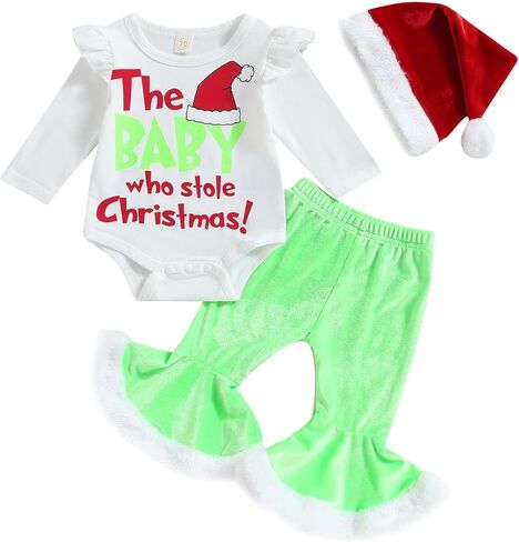 Louatui Christmas Baby Boy Girl Outfit Infant The Baby Who Stole Christmas Outfit Romper Furry Suspender Pants Xmas Gifts in Kuwait
