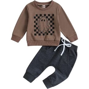 Toddler Baby Boy Halloween Outfit Long Sleeve Ghost/Pumpkin Sweatshirt Tops Elastic Pants 2PCS Fall Winter Clothes in Kuwait