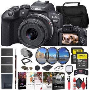 Canon EOS R10 Mirrorless Camera with 18-45mm Lens (5331C009) + 2 x Sony 64GB Tough SD Card + Filter Kit + Bag + 2 x LPE17 Battery + Card Reader + LED Light + Corel Photo Software + More (Renewed) in Saudi Arabia