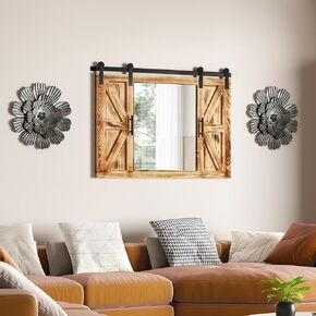 COGOOD Farmhouse Barn Door Mirror - 37" x 26" Rustic Wood Framed Mirror Wall Decor for Dining Room, Bathroom, Living Room, Bedroom Decorative, Rustic Black in Kuwait