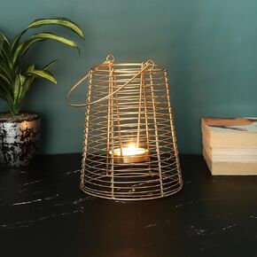 Purestory Modern Wire Decorative Lantern Candle Holders for Home Decoration.Perfect for Home Decor, Parties & Events, Table Top Or Hanging Lantern for Balcony Indoor & Outdoor - Gold - 6.5 Inches in Kuwait