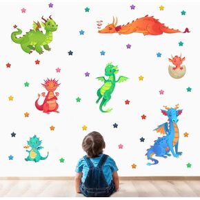 Creative Fairy Dragon Wall Decals Cartoon Large Wings Dragons Eggs Stars Wall Stickers Easy to Peel and Stick Wall Stickers Art Paper for Playroom Nursery Classroom Kids Bedroom Wall Decor