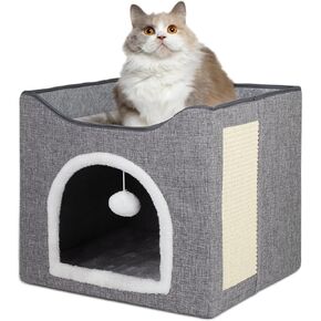 Biubiucat Cat Bed for Indoor Cats, Folding Pet Cat House with 2 Removable Plush Cushions, Square Cat Cave with Scratching Board & Fluffy Ball, Indoor Cat Caved Bed for Hideaway, 16.1 x 15.6 x 14.6’’ in Kuwait