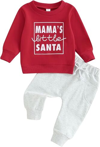 Mandizy Baby Boy Christmas Outfit Long Sleeve Crewneck Sweatshirt Tops Solid Jogger Pants Tracksuit Clothes Set in Kuwait
