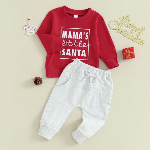 Mandizy Baby Boy Christmas Outfit Long Sleeve Crewneck Sweatshirt Tops Solid Jogger Pants Tracksuit Clothes Set in Kuwait