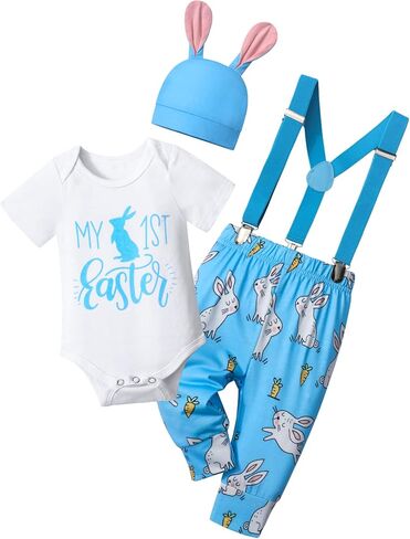 AGAPENG Baby Boy Easter Outfit My First Easter Outfit Infant Short Sleeve Romper Bunny Suspender Pants Rabbit Ears Hat in Saudi Arabia