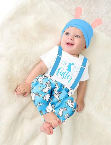 AGAPENG Baby Boy Easter Outfit My First Easter Outfit Infant Short Sleeve Romper Bunny Suspender Pants Rabbit Ears Hat in Saudi Arabia