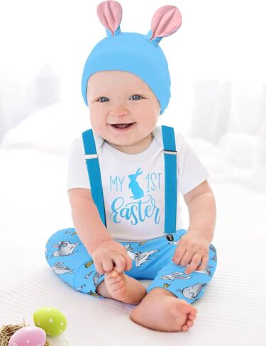 AGAPENG Baby Boy Easter Outfit My First Easter Outfit Infant Short Sleeve Romper Bunny Suspender Pants Rabbit Ears Hat in Saudi Arabia