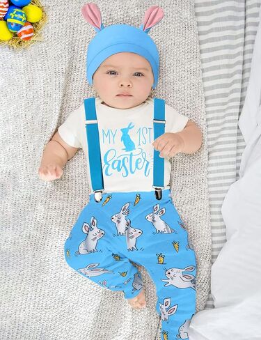 AGAPENG Baby Boy Easter Outfit My First Easter Outfit Infant Short Sleeve Romper Bunny Suspender Pants Rabbit Ears Hat in Saudi Arabia