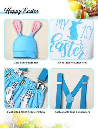 AGAPENG Baby Boy Easter Outfit My First Easter Outfit Infant Short Sleeve Romper Bunny Suspender Pants Rabbit Ears Hat in Saudi Arabia