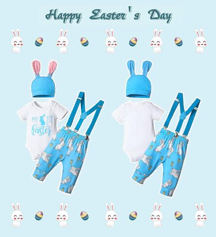 AGAPENG Baby Boy Easter Outfit My First Easter Outfit Infant Short Sleeve Romper Bunny Suspender Pants Rabbit Ears Hat in Saudi Arabia
