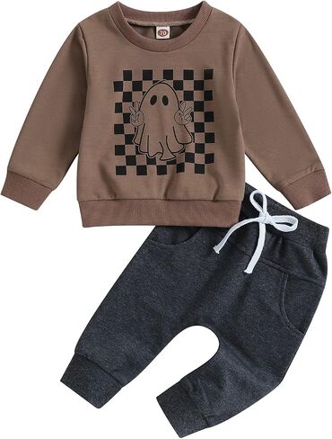 Toddler Baby Boy Halloween Outfit Long Sleeve Ghost/Pumpkin Sweatshirt Tops Elastic Pants 2PCS Fall Winter Clothes in Kuwait