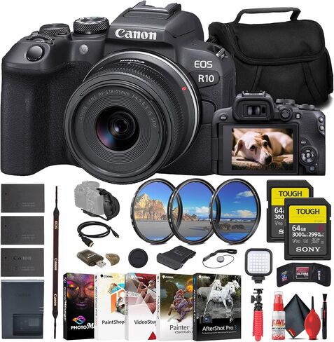 Canon EOS R10 Mirrorless Camera with 18-45mm Lens (5331C009) + 2 x Sony 64GB Tough SD Card + Filter Kit + Bag + 2 x LPE17 Battery + Card Reader + LED Light + Corel Photo Software + More (Renewed) in Saudi Arabia