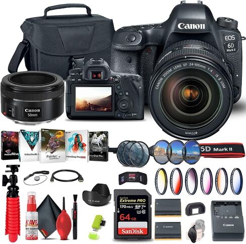 Canon EOS 6D Mark II DSLR Camera with 24-105mm f/4L II Lens (1897C009) + Canon EF 50mm Lens + 64GB Memory Card + Color Filter Kit + Case + Filter Kit + Photo Software + LPE6 Battery + More (Renewed) in Saudi Arabia