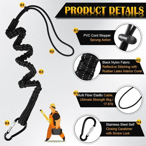LEIFIDE Tool Lanyard Standard Length Safety Tool Leash 17.6lb 8kg Tough Adjustable Fall Protection Tether with Aluminum Screw Lock Buckle, Shock Cord Stopper and Retractable Loop End, Black (1 Pcs) in Saudi Arabia