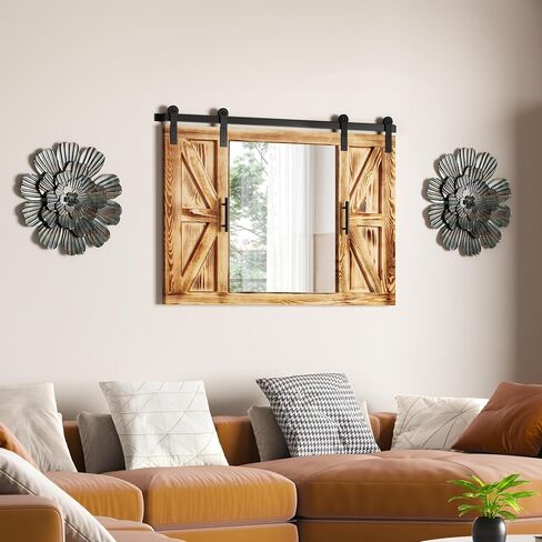COGOOD Farmhouse Barn Door Mirror - 37" x 26" Rustic Wood Framed Mirror Wall Decor for Dining Room, Bathroom, Living Room, Bedroom Decorative, Rustic Black in Saudi Arabia