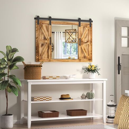 COGOOD Farmhouse Barn Door Mirror - 37" x 26" Rustic Wood Framed Mirror Wall Decor for Dining Room, Bathroom, Living Room, Bedroom Decorative, Rustic Black in Saudi Arabia
