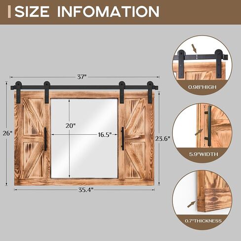 COGOOD Farmhouse Barn Door Mirror - 37" x 26" Rustic Wood Framed Mirror Wall Decor for Dining Room, Bathroom, Living Room, Bedroom Decorative, Rustic Black in Saudi Arabia
