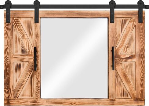 COGOOD Farmhouse Barn Door Mirror - 37" x 26" Rustic Wood Framed Mirror Wall Decor for Dining Room, Bathroom, Living Room, Bedroom Decorative, Rustic Black in Saudi Arabia