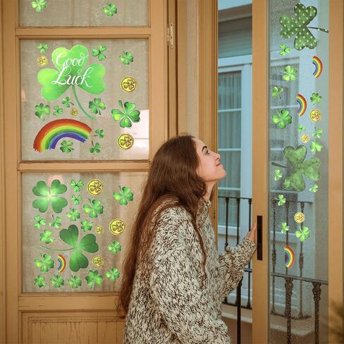 Dohia St Patrick's Day Window Clings Shamrock Stickers No Residue Saint Patty Holiday Decals Party Supplies Accessories Reusable Static Spring Window Clings Decor D1-SYCCT in Saudi Arabia