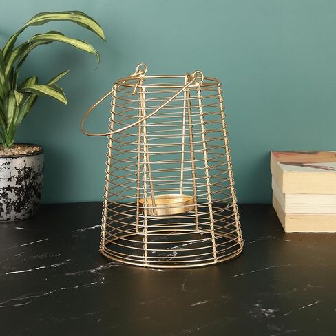 Purestory Modern Wire Decorative Lantern Candle Holders for Home Decoration.Perfect for Home Decor, Parties & Events, Table Top Or Hanging Lantern for Balcony Indoor & Outdoor - Gold - 6.5 Inches in Kuwait