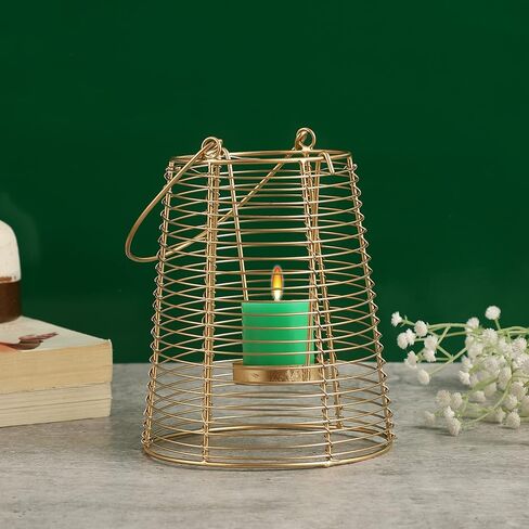 Purestory Modern Wire Decorative Lantern Candle Holders for Home Decoration.Perfect for Home Decor, Parties & Events, Table Top Or Hanging Lantern for Balcony Indoor & Outdoor - Gold - 6.5 Inches in Kuwait