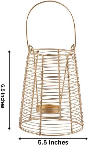 Purestory Modern Wire Decorative Lantern Candle Holders for Home Decoration.Perfect for Home Decor, Parties & Events, Table Top Or Hanging Lantern for Balcony Indoor & Outdoor - Gold - 6.5 Inches in Kuwait