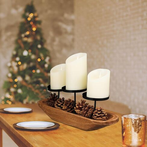 Mifoci Metal Candle Tray 3 Pillar Black Metal Candle Holder with Rustic Wood Tray and Handles Christmas Votive Candelabra Farmhouse Holiday Centerpiece Decor for Home Tabletop Mantel Decorations in Saudi Arabia