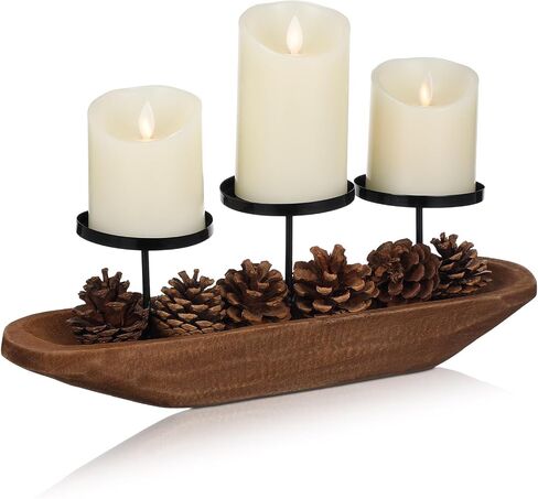 Mifoci Metal Candle Tray 3 Pillar Black Metal Candle Holder with Rustic Wood Tray and Handles Christmas Votive Candelabra Farmhouse Holiday Centerpiece Decor for Home Tabletop Mantel Decorations in Saudi Arabia