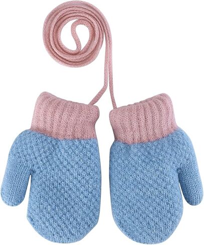 Kids Fleece Lined Knit Mittens Toddler Warm Winter Gloves with String Full Finger Gloves Thermal Snow Ski Gloves for Age 2-4Y in Saudi Arabia