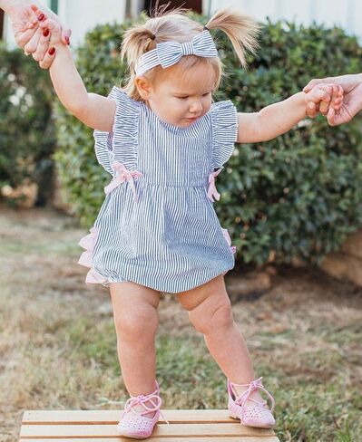 RuffleButts® Baby/Toddler Girls Blue Seersucker Ruffle Romper - 12-18m in Saudi Arabia