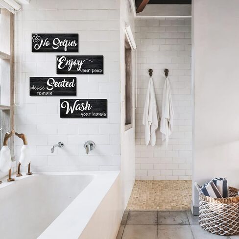 قواعد الحمام جدار ديكور 4 لوحات مضحك اقتباس الخشب جدار علامة ريفي مزرعة خمر طباعة لوحة خشبية ديكور المرحاض جاهزة للتعليق (10 "× 4" × 4، ب) in Kuwait