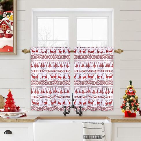 GlowSol Christmas Curtain, Boho Linen Short Curtains for Bathroom, Rod Pocket Kitchen Curtain Half Curtain Cafe Curtains for Bathroom Bedroom Living Room, 26" x 45", 2 Panels in Saudi Arabia