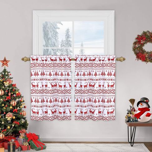 GlowSol Christmas Curtain, Boho Linen Short Curtains for Bathroom, Rod Pocket Kitchen Curtain Half Curtain Cafe Curtains for Bathroom Bedroom Living Room, 26" x 45", 2 Panels in Saudi Arabia