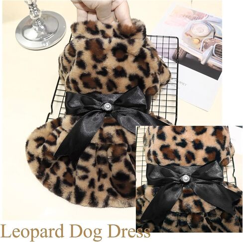 Leopard Dog Dress for Small Dogs Cats Girl,Dog Fleece Dresses with Bow,Pet Costumes Outfit for Chihuahua Yorkie Teacup,Winter Puppy Skirt,Cat Clothes for Holiday Party Daily Wearing in Saudi Arabia