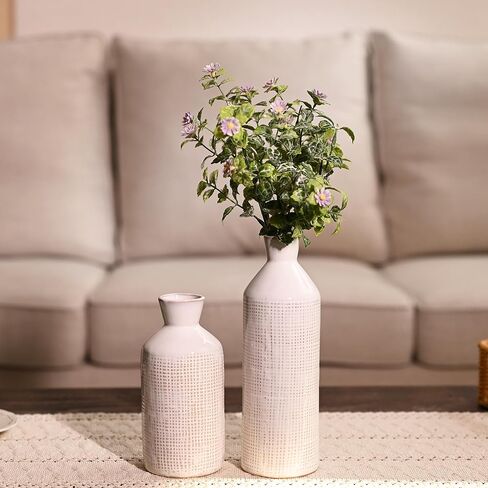 TERESA'S COLLECTIONS White Ceramic Vase for Home Decor, Beige Farmhouse Vase for Pampas Grass, Decorative Boho Rustic Vase for Living Room, Mantel, Ideal Gift for Valentines Day and Mom, 9.7"-Set of 2 in Kuwait