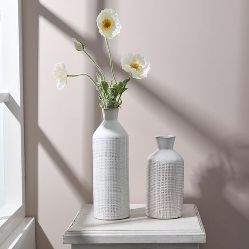 TERESA'S COLLECTIONS White Ceramic Vase for Home Decor, Beige Farmhouse Vase for Pampas Grass, Decorative Boho Rustic Vase for Living Room, Mantel, Ideal Gift for Valentines Day and Mom, 9.7"-Set of 2 in Kuwait