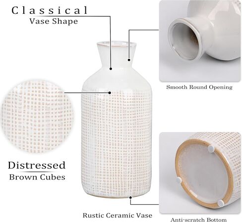 TERESA'S COLLECTIONS White Ceramic Vase for Home Decor, Beige Farmhouse Vase for Pampas Grass, Decorative Boho Rustic Vase for Living Room, Mantel, Ideal Gift for Valentines Day and Mom, 9.7"-Set of 2 in Kuwait