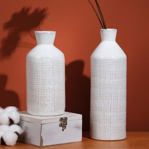 TERESA'S COLLECTIONS White Ceramic Vase for Home Decor, Beige Farmhouse Vase for Pampas Grass, Decorative Boho Rustic Vase for Living Room, Mantel, Ideal Gift for Valentines Day and Mom, 9.7"-Set of 2 in Kuwait