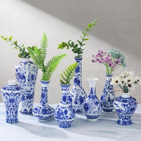 Hushee Set of 8 Chinoiserie Vase Blue and White Porcelain Vases Small Vintage Ceramic Bud Vase Decorative Blue Floral Vase for Home Table Decor Centerpieces Living Room Bookshelf (Elegant) in Saudi Arabia