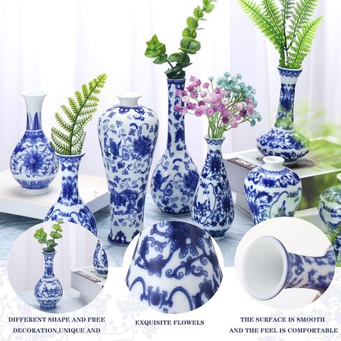 Hushee Set of 8 Chinoiserie Vase Blue and White Porcelain Vases Small Vintage Ceramic Bud Vase Decorative Blue Floral Vase for Home Table Decor Centerpieces Living Room Bookshelf (Elegant) in Saudi Arabia