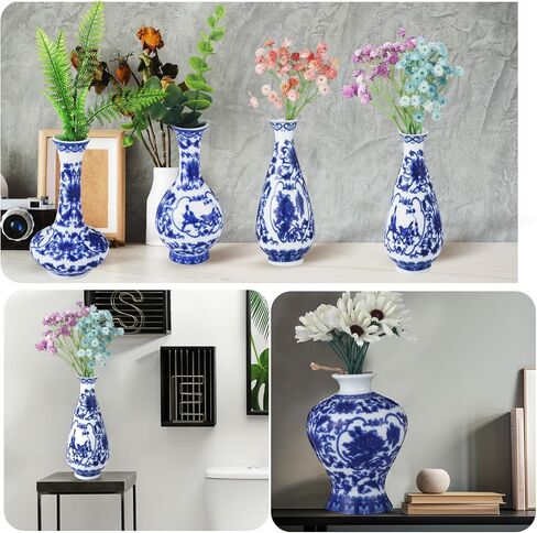 Hushee Set of 8 Chinoiserie Vase Blue and White Porcelain Vases Small Vintage Ceramic Bud Vase Decorative Blue Floral Vase for Home Table Decor Centerpieces Living Room Bookshelf (Elegant) in Saudi Arabia