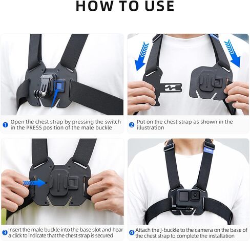 حزام تثبيت على الصدر من Adaptom متوافق مع GoPro Hero 11,10,9,8,7,6,5,4, Hero Session, DJI Osmo Action Cameras أسود in Kuwait