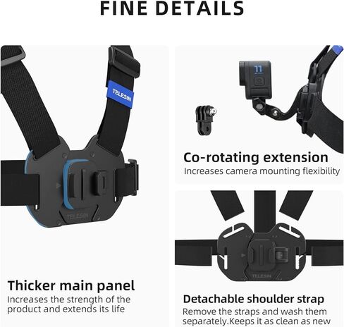 حزام تثبيت على الصدر من Adaptom متوافق مع GoPro Hero 11,10,9,8,7,6,5,4, Hero Session, DJI Osmo Action Cameras أسود in Kuwait