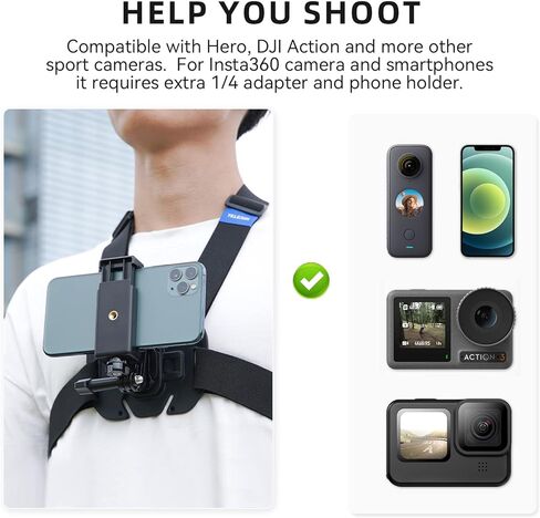 حزام تثبيت على الصدر من Adaptom متوافق مع GoPro Hero 11,10,9,8,7,6,5,4, Hero Session, DJI Osmo Action Cameras أسود in Kuwait